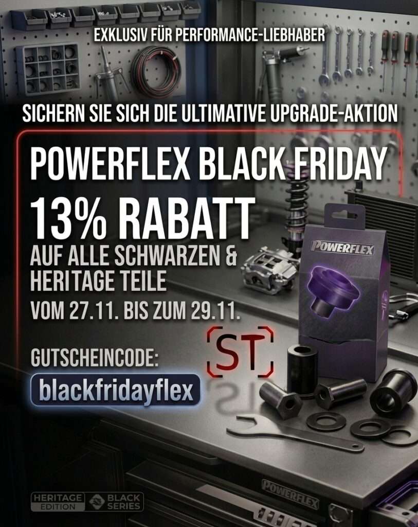 Powerflex Black Friday: 13% Rabatt auf alle schwarzen und Heritage Teile vom 27.–29.11., Gutscheincode blackfridayflex